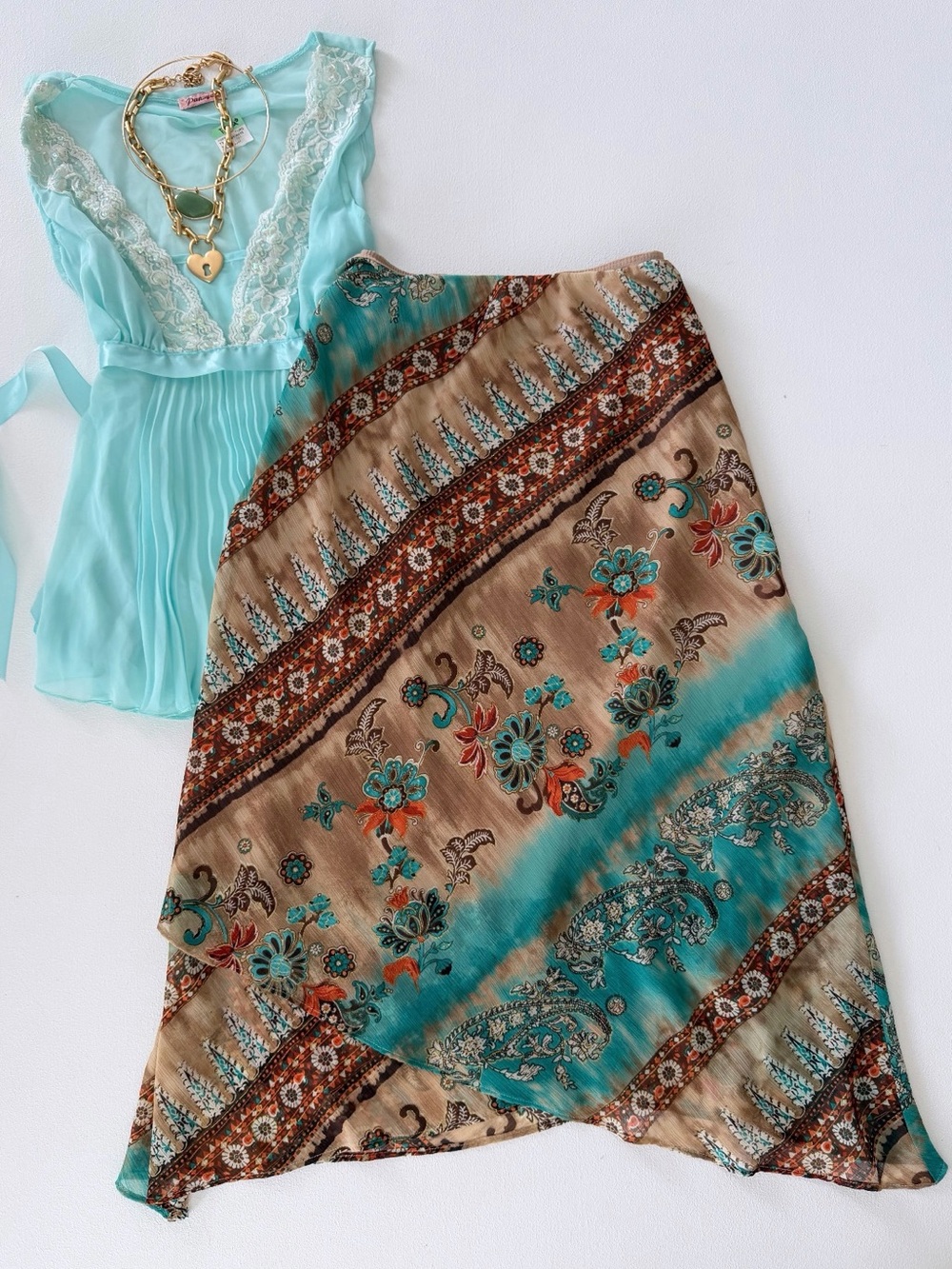 Vintage Boho Floral Handkerchief Midi Skirt